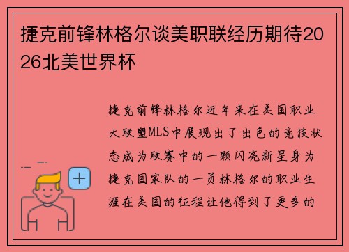 捷克前锋林格尔谈美职联经历期待2026北美世界杯 捷克前锋林格尔谈美职联经历期待2026北美世界杯